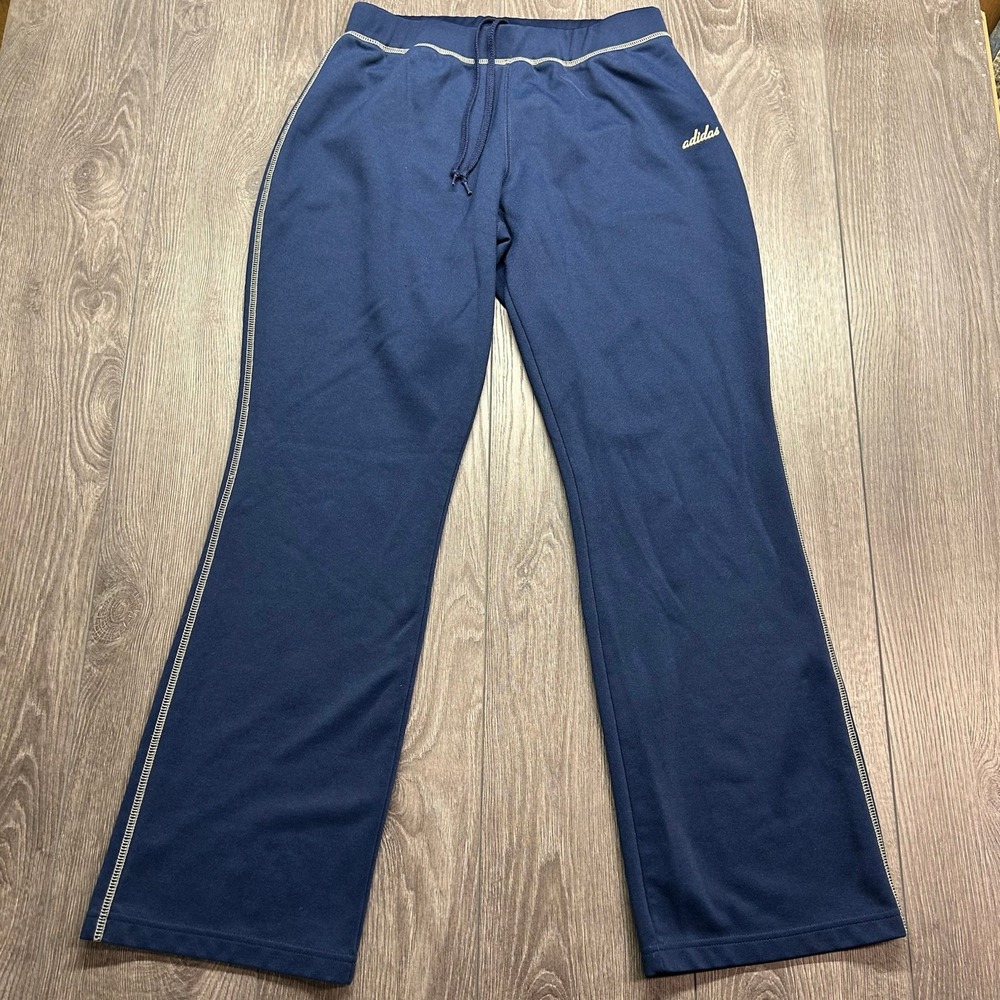 Adidas Navy Blue Yellow Stripe Track Pants Y2K Large Wide Leg Drawstring Womens